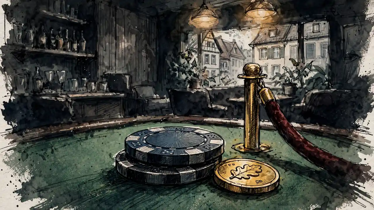 Casino-Chips und eine goldene Münze auf einem grünen Filztisch mit warmer Beleuchtung.
