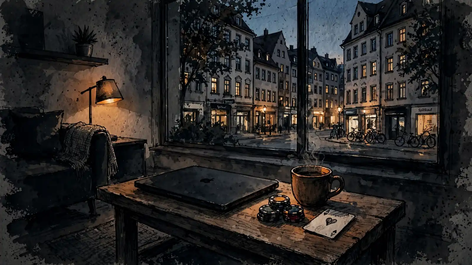 Abendliche Szene mit Laptop, Spielchips und Tee in deutscher Wohnung