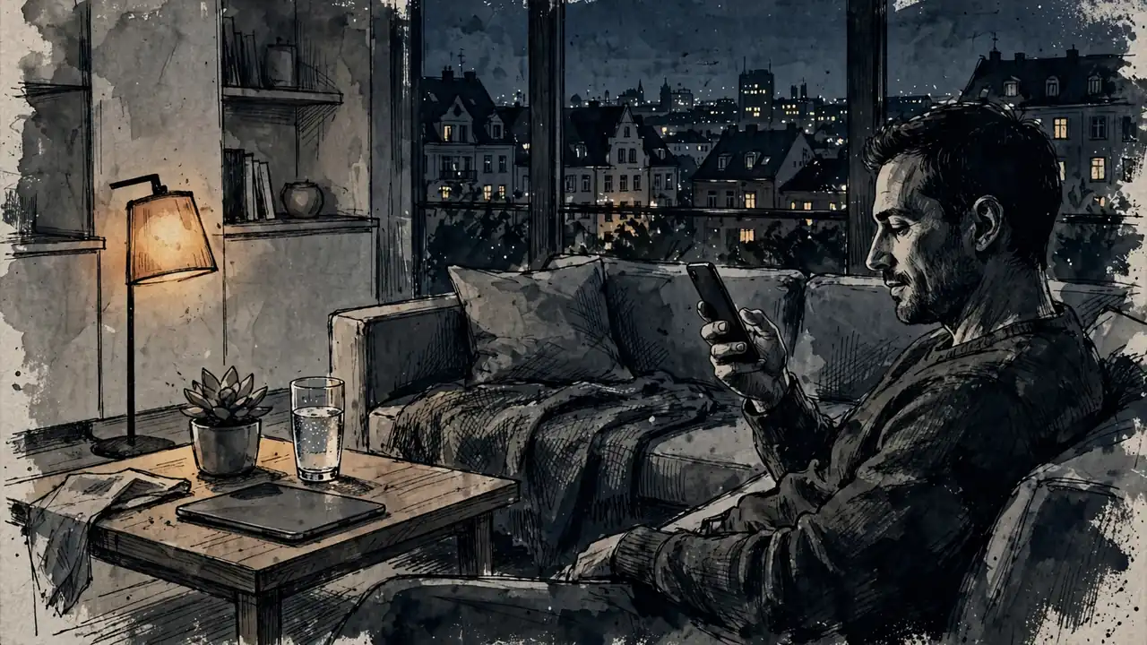 Entspannte Atmosphäre in modernem deutschen Apartment mit Smartphone-Nutzung am Abend
